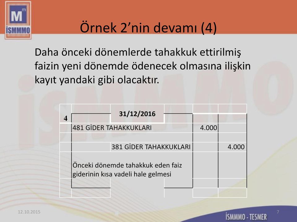 4 31/12/2016 481 GİDER TAHAKKUKLARI 4.000 381 GİDER TAHAKKUKLARI 4.