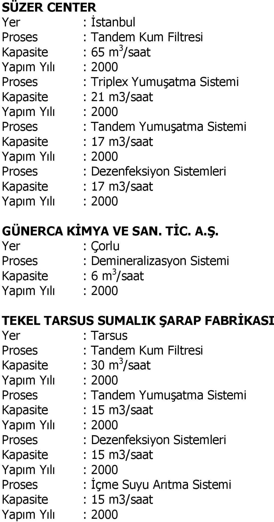 : Çorlu Proses : Demineralizasyon Sistemi Kapasite : 6 m 3 /saat TEKEL TARSUS SUMALIK ŞARAP FABRİKASI : Tarsus Proses : Tandem Kum Filtresi Kapasite