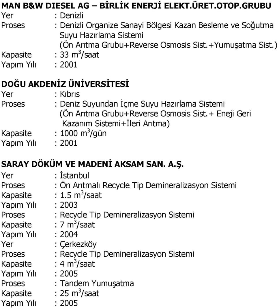 + Eneji Geri Kazanım Sistemi+İleri Arıtma) Kapasite : 1000 m 3 /gün Yapım Yılı : 2001 SARAY DÖKÜM VE MADENİ AKSAM SAN. A.Ş.