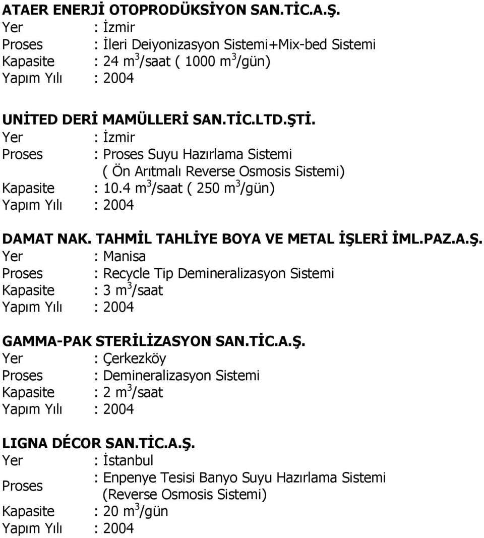 : İzmir Proses : Proses Suyu Hazırlama Sistemi ( Ön Arıtmalı Reverse Osmosis Sistemi) Kapasite : 10.4 m 3 /saat ( 250 m 3 /gün) Yapım Yılı : 2004 DAMAT NAK.