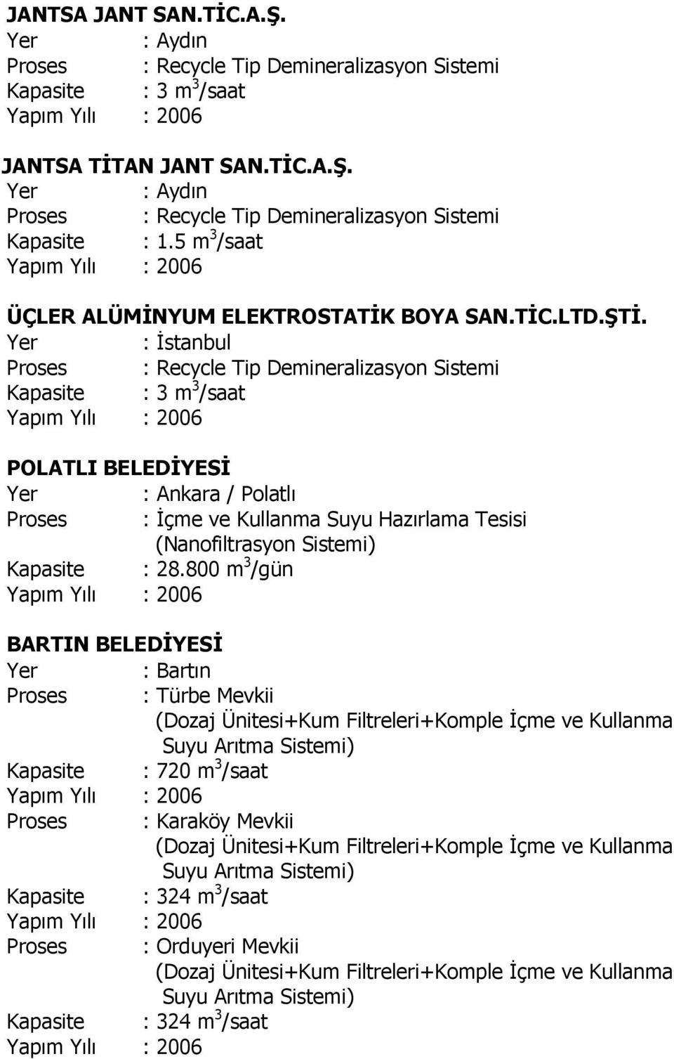 800 m 3 /gün Yapım Yılı : 2006 BARTIN BELEDİYESİ : Bartın Proses : Türbe Mevkii (Dozaj Ünitesi+Kum Filtreleri+Komple İçme ve Kullanma Suyu Arıtma Sistemi) Kapasite : 720 m 3 /saat Yapım Yılı : 2006