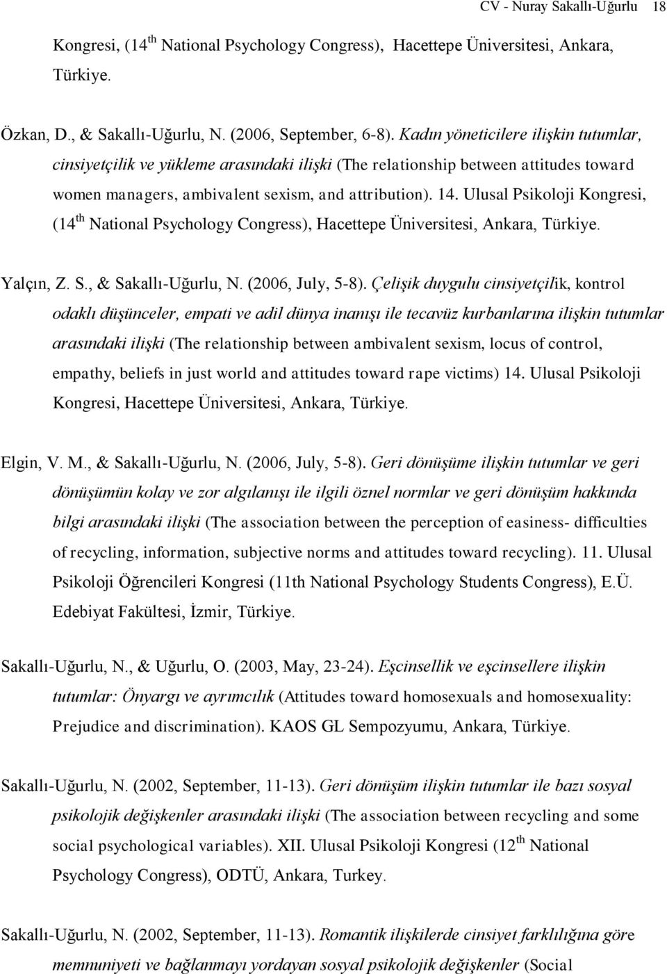 Ulusal Psikoloji Kongresi, (14 th National Psychology Congress), Hacettepe Üniversitesi, Ankara, Türkiye. Yalçın, Z. S., & Sakallı-Uğurlu, N. (2006, July, 5-8).