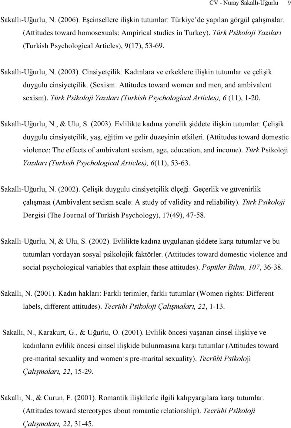 (Sexism: Attitudes toward women and men, and ambivalent sexism). Türk Psikoloji Yazıları (Turkish Psychological Articles), 6 (11), 1-20. Sakallı-Uğurlu, N., & Ulu, S. (2003).