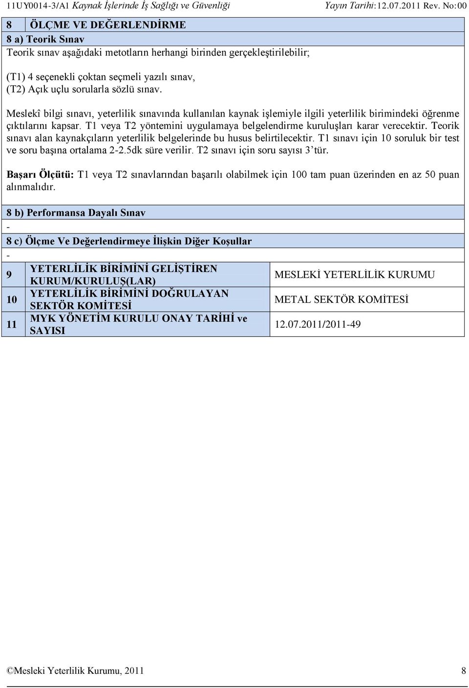 T1 veya T2 yöntemini uygulamaya belgelendirme kuruluşları karar verecektir. Teorik sınavı alan kaynakçıların yeterlilik belgelerinde bu husus belirtilecektir.