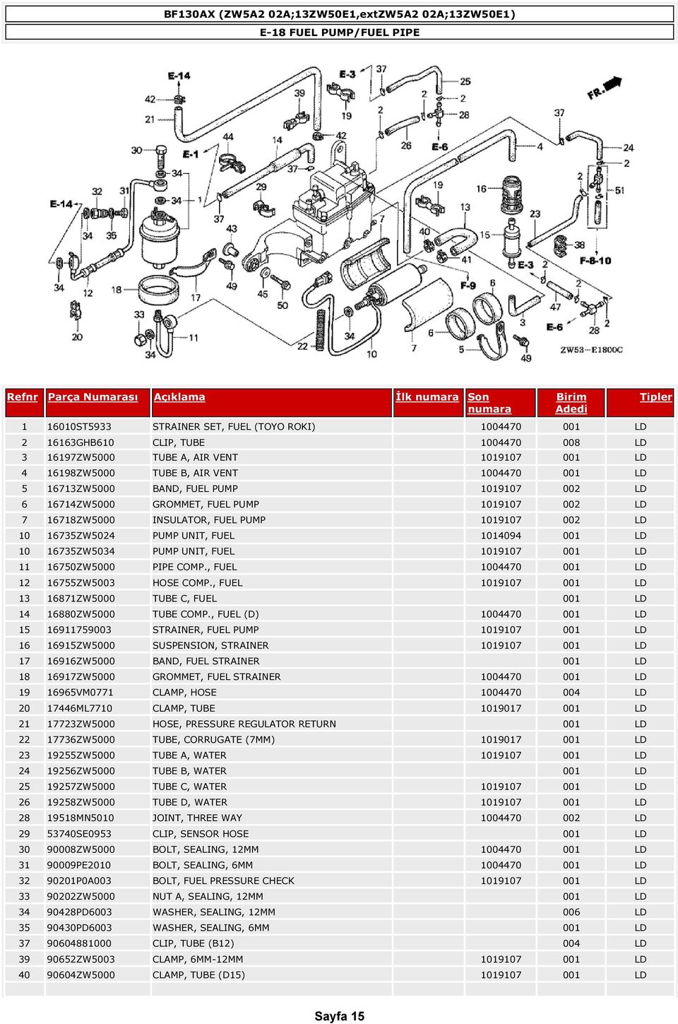 1019107 002 LD 10 16735ZW5024 PUMP UNIT, FUEL 1014094 001 LD 10 16735ZW5034 PUMP UNIT, FUEL 1019107 001 LD 11 16750ZW5000 PIPE COMP., FUEL 1004470 001 LD 12 16755ZW5003 HOSE COMP.