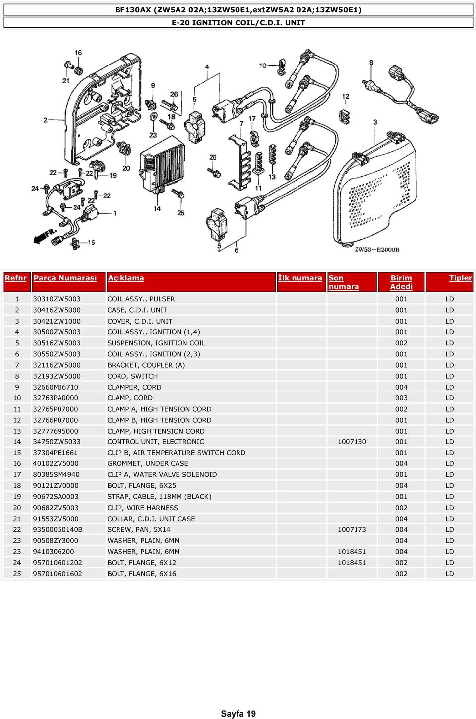 , IGNITION (2,3) 001 LD 7 32116ZW5000 BRACKET, COUPLER (A) 001 LD 8 32193ZW5000 CORD, SWITCH 001 LD 9 32660MJ6710 CLAMPER, CORD 004 LD 10 32763PA0000 CLAMP, CORD 003 LD 11 32765P07000 CLAMP A, HIGH