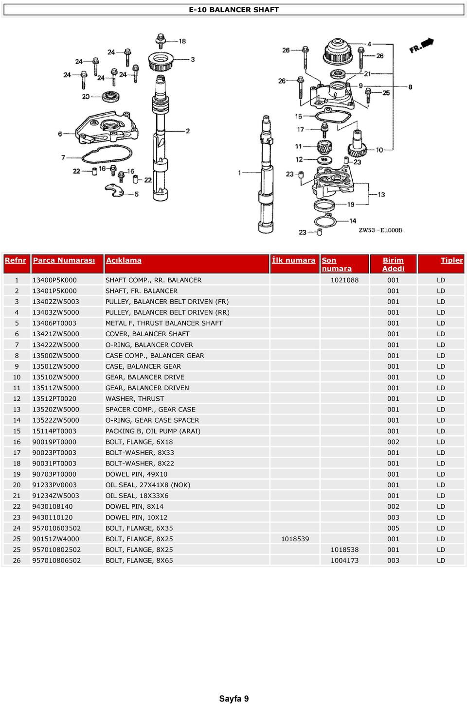 BALANCER SHAFT 001 LD 7 13422ZW5000 O-RING, BALANCER COVER 001 LD 8 13500ZW5000 CASE COMP.