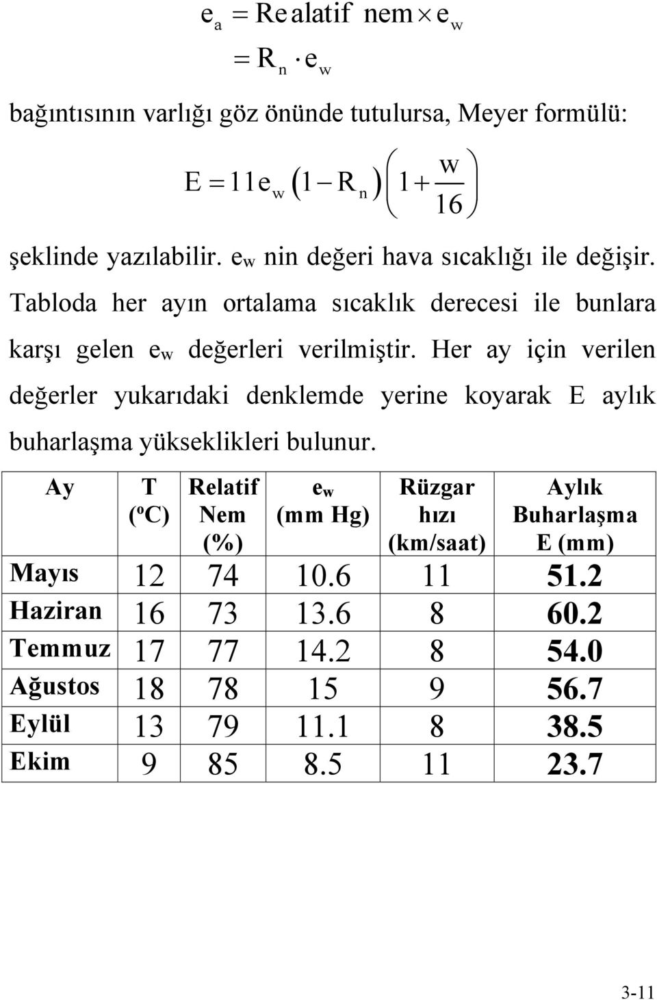 Her ay için verilen değerler yukarıdaki denklemde yerine koyarak E aylık buharlaşma yükseklikleri bulunur.