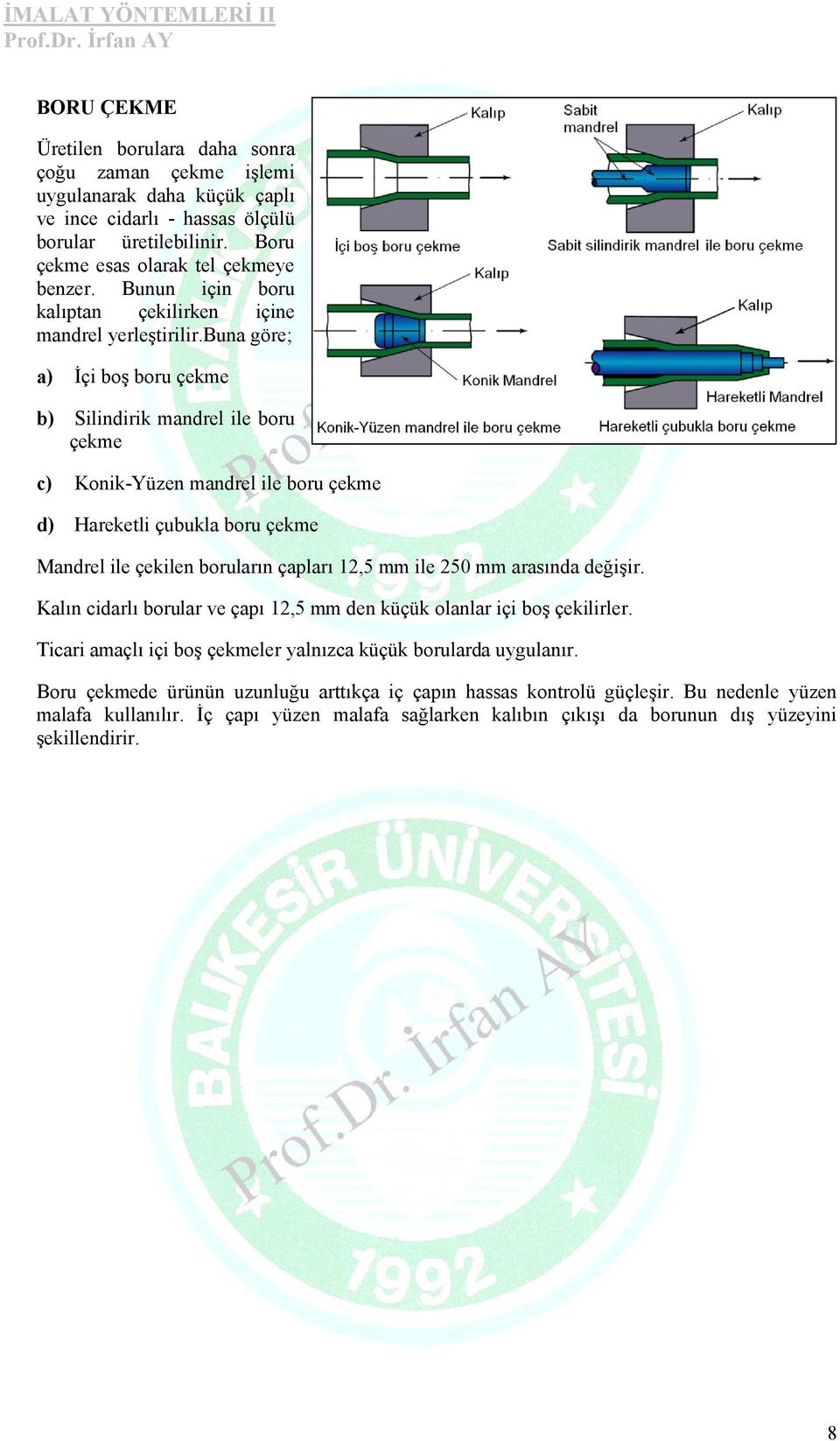 buna göre; a) İçi boş boru çekme b) Silindirik mandrel ile boru çekme c) Konik-Yüzen mandrel ile boru çekme d) Hareketli çubukla boru çekme Mandrel ile çekilen boruların çapları 12,5 mm ile 250 mm