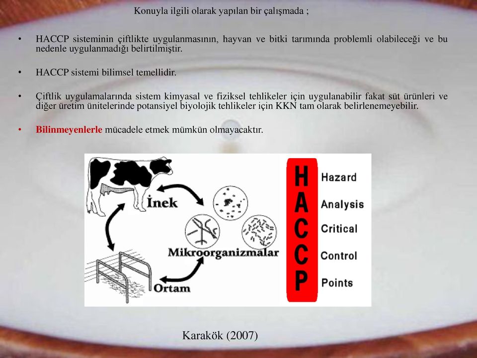 Çiftlik uygulamalarında sistem kimyasal ve fiziksel tehlikeler için uygulanabilir fakat süt ürünleri ve diğer üretim