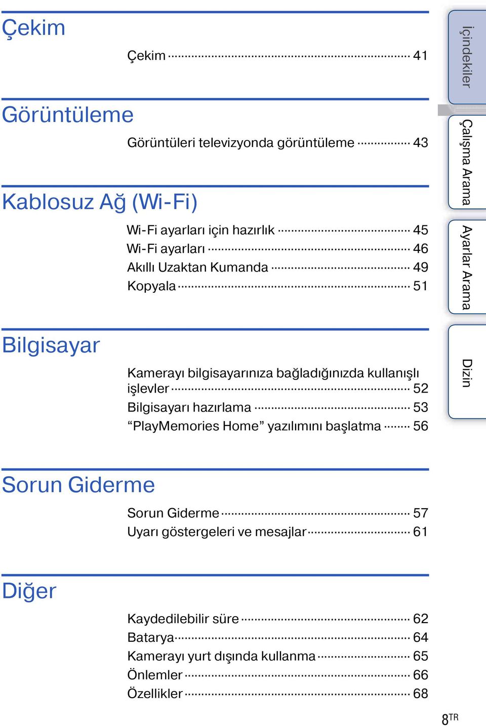 işlevler 52 Bilgisayarı hazırlama 53 PlayMemories Home yazılımını başlatma 56 Sorun Giderme Sorun Giderme 57 Uyarı