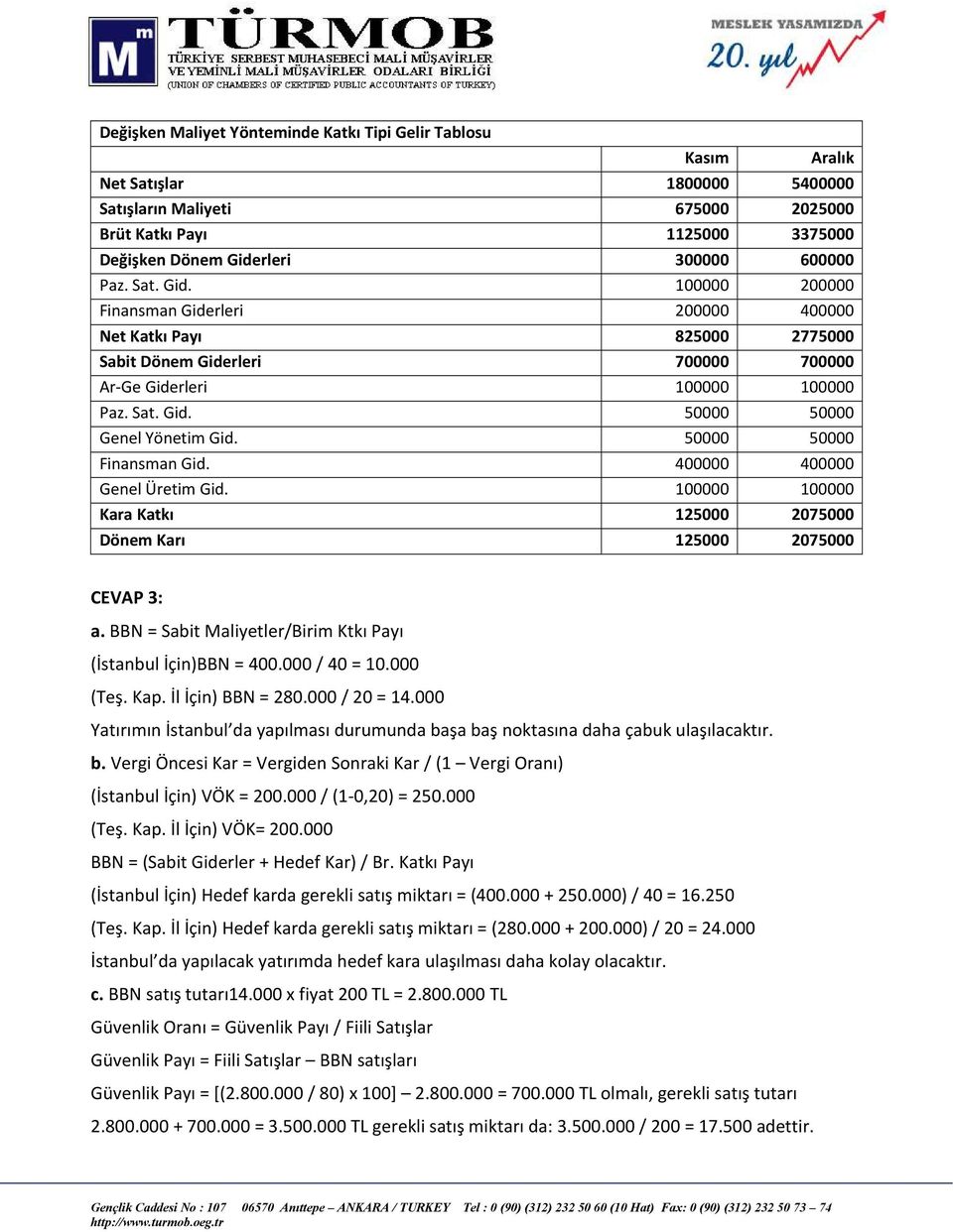 50000 50000 Finansman Gid. 400000 400000 Genel Üretim Gid. 100000 100000 Kara Katkı 125000 2075000 Dönem Karı 125000 2075000 CEVAP 3: a.