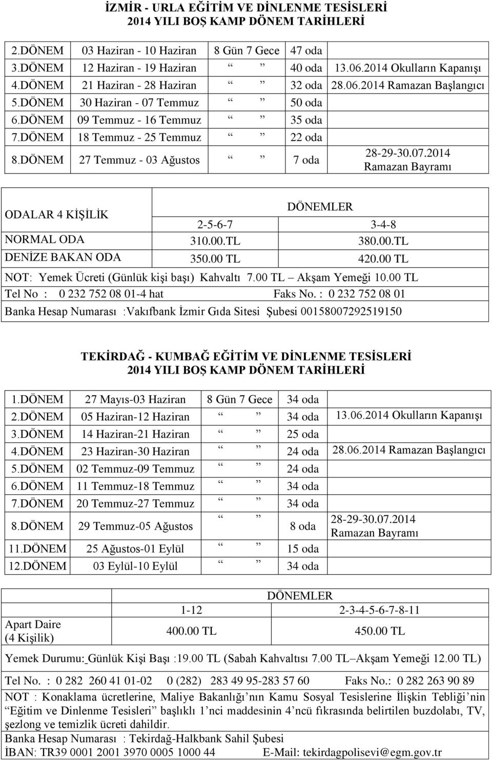 DÖNEM 27 Temmuz - 03 Ağustos 7 oda 28-29-30.07.2014 DÖNEMLER ODALAR 4 KİŞİLİK 2-5-6-7 3-4-8 NORMAL ODA 310.00.TL 380.00.TL DENİZE BAKAN ODA 350.00 TL 420.