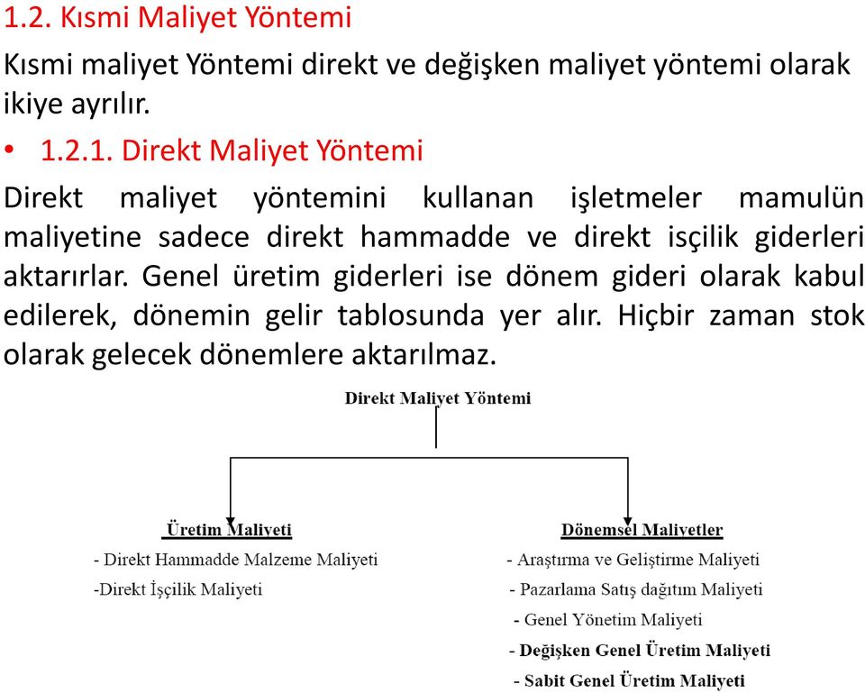 2.1. Direkt Maliyet Yöntemi Direkt maliyet yöntemini kullanan işletmeler mamulün maliyetine sadece