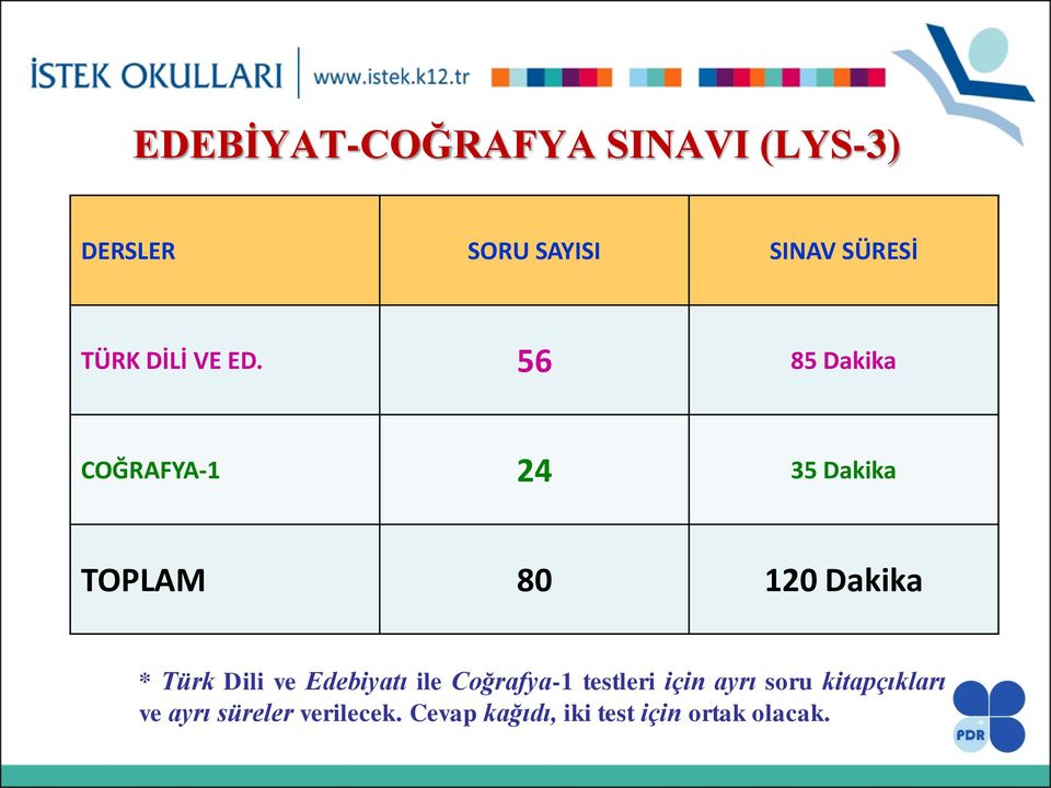 56 85 Dakika COĞRAFYA-1 24 35 Dakika TOPLAM 80 120 Dakika * Türk Dili