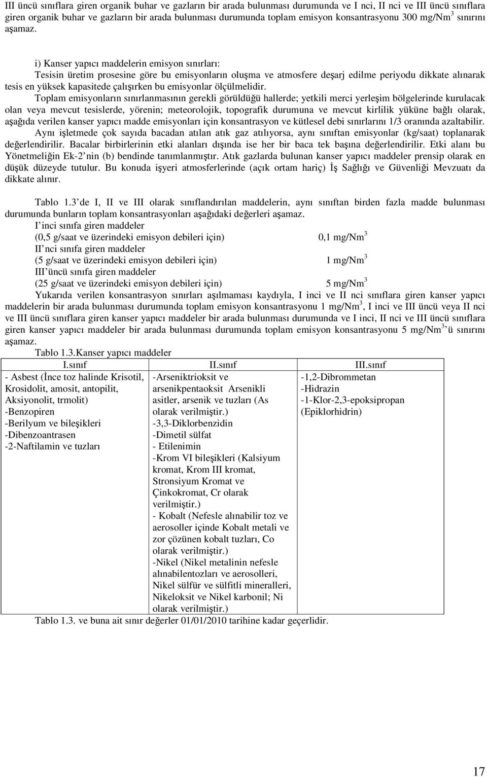 i) Kanser yapıcı maddelerin emisyon sınırları: Tesisin üretim prosesine göre bu emisyonların oluşma ve atmosfere deşarj edilme periyodu dikkate alınarak tesis en yüksek kapasitede çalışırken bu