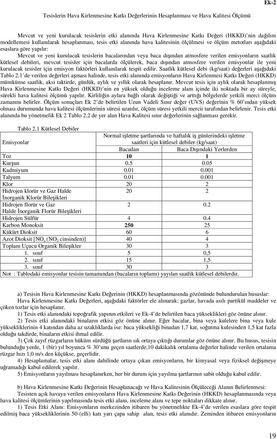 dışından atmosfere verilen emisyonların saatlik kütlesel debileri, mevcut tesisler için bacalarda ölçülerek, baca dışından atmosfere verilen emisyonlar ile yeni kurulacak tesisler için emisyon