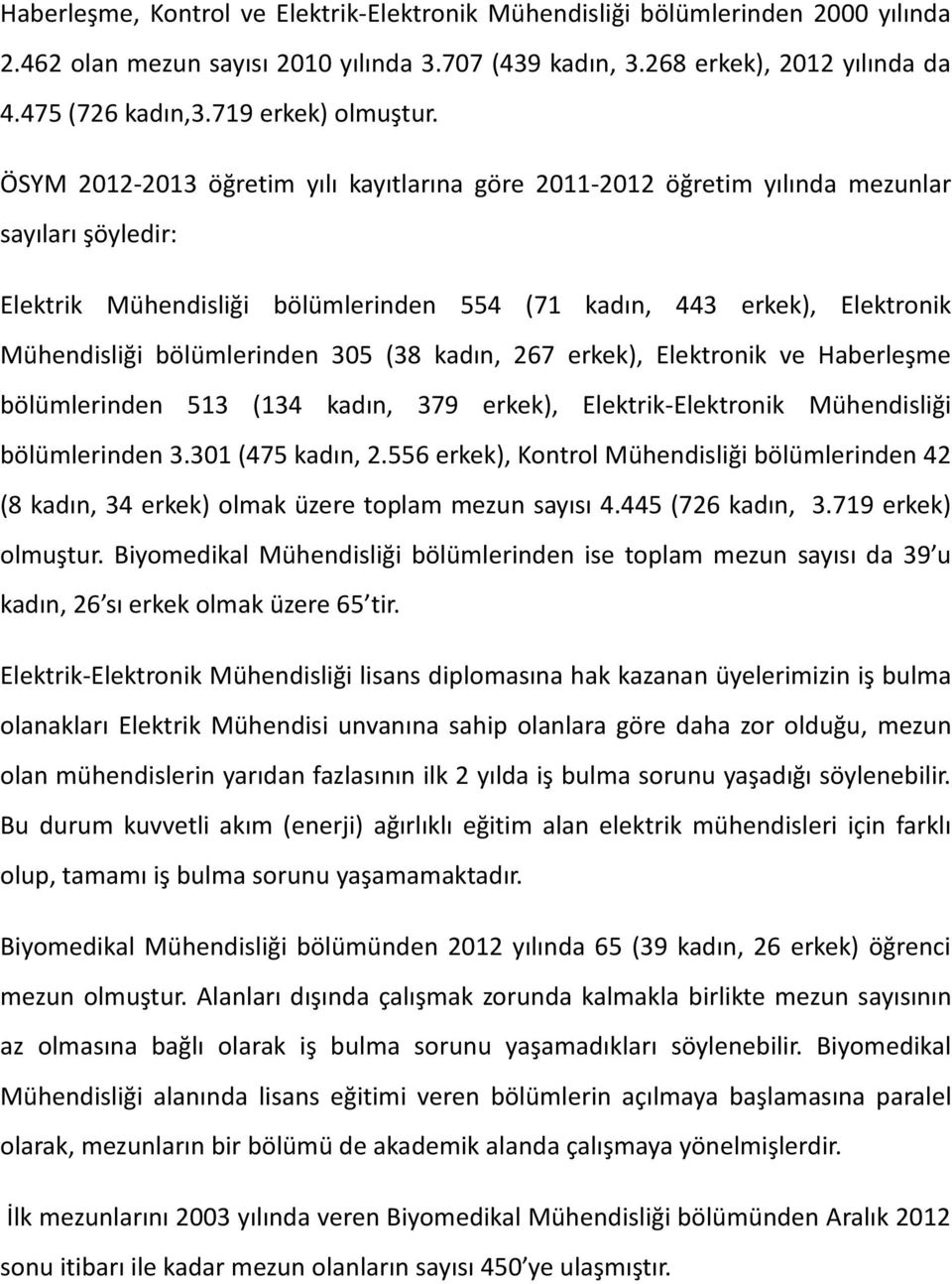 305 (38 kadın, 267 erkek), Elektronik ve Haberleşme bölümlerinden 513 (134 kadın, 379 erkek), bölümlerinden 3.301 (475 kadın, 2.