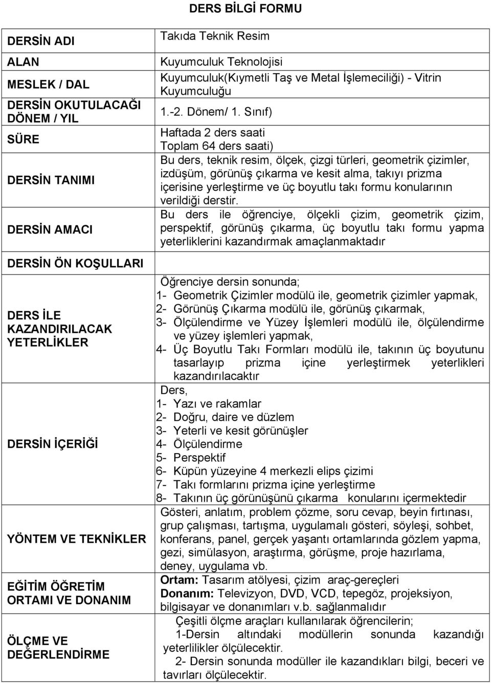 Sınıf) Haftada 2 ders saati Toplam 64 ders saati) Bu ders, teknik resim, ölçek, çizgi türleri, geometrik çizimler, izdüşüm, görünüş çıkarma ve kesit alma, takıyı prizma içerisine yerleştirme ve üç