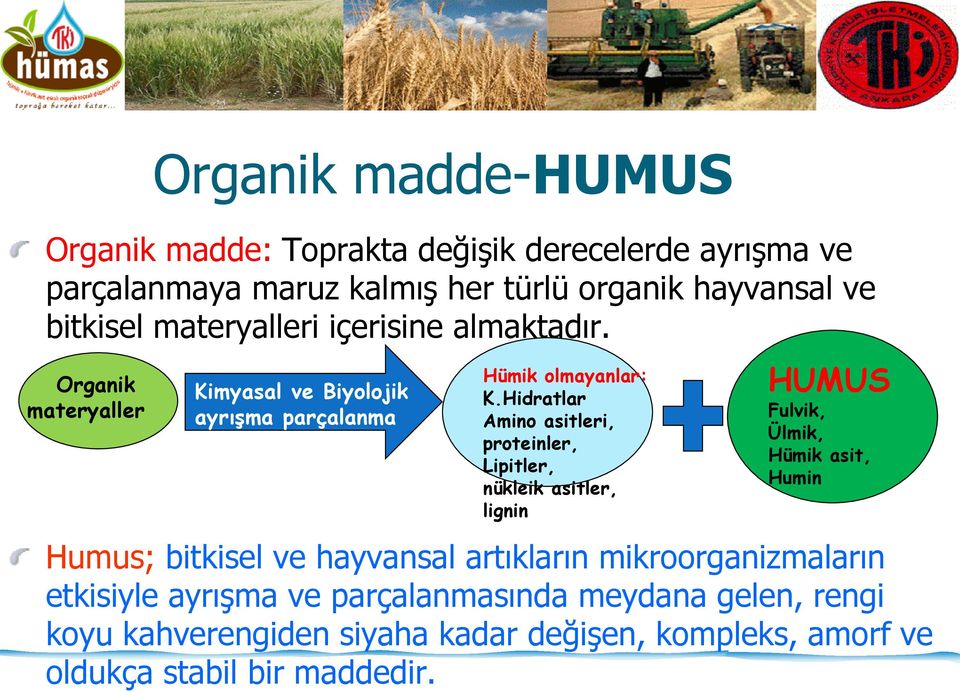 Hidratlar Amino asitleri, proteinler, Lipitler, nükleik asitler, lignin HUMUS Fulvik, Ülmik, Hümik asit, Humin Humus; bitkisel ve hayvansal