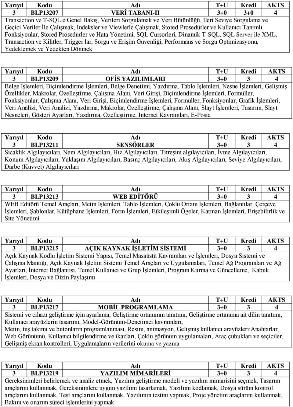 Güvenliği, Performans ve Sorgu Optimizasyonu, Yedeklemek ve Yedekten Dönmek 3 BLP13209 OFİS YAZILIMLARI 3+0 3 4 Belge İşlemleri, Biçimlendirme İşlemleri, Belge Denetimi, Yazdırma, Tablo İşlemleri,