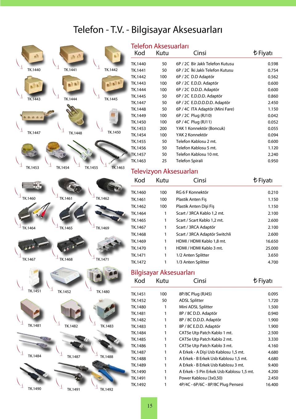 D Adaptör P / 2C E.D.D. Adaptör P / 2C D.D.D. Adaptör P / 2C E.D.D.D. Adaptör P / 2C E.D.D.D.D.D. Adaptör P / 4C ITA Adaptör (Mini Fare) P / 2C Plug (RJ0) P / 4C Plug (RJ) YAK Konnektör (Boncuk) YAK 2 Konnektör Telefon Kablosu 2 mt.