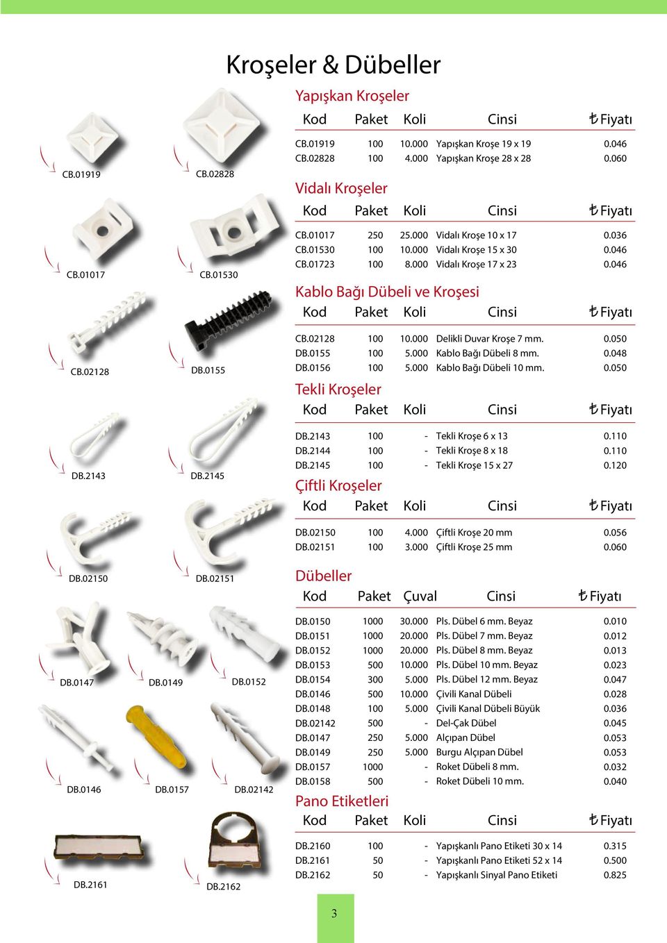 0228 DB.055 DB.05 0.000 5.000 5.000 Delikli Duvar Kroşe 7 mm. Kablo Bağı Dübeli 8 mm. Kablo Bağı Dübeli 0 mm. 0.0 0.048 0.0 Tekli Kroşeler Kod Paket Koli Cinsi Fiyatı DB.243 DB.244 DB.