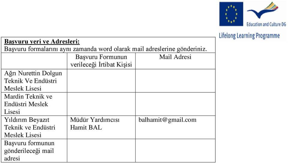 Başvuru Formunun Mail Adresi verileceği İrtibat Kişisi Ağrı Nurettin Dolgun Teknik Ve