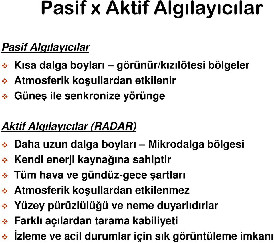 bölgesi Kendi enerji kaynağına sahiptir Tüm hava ve gündüz-gece şartları Atmosferik koşullardan etkilenmez Yüzey