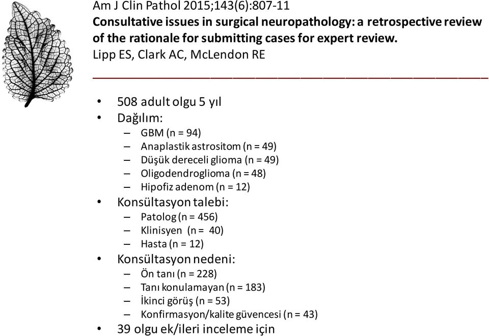 Lipp ES, Clark AC, McLendon RE 508 adult olgu 5 yıl Dağılım: GBM (n = 94) Anaplastik astrositom (n = 49) Düşük dereceli glioma (n = 49)