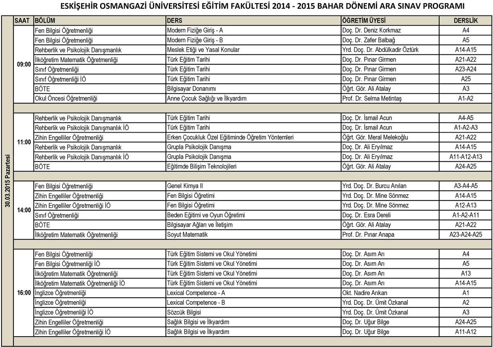 Dr. Pınar Girmen A21-A22 Sınıf Öğretmenliği Türk Eğitim Tarihi Doç. Dr. Pınar Girmen A23-A24 Sınıf Öğretmenliği İÖ Türk Eğitim Tarihi Doç. Dr. Pınar Girmen A25 BÖTE Bilgisayar Donanımı Öğrt. Gör.