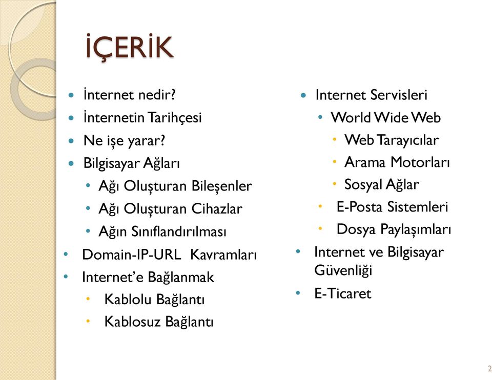 Domain-IP-URL Kavramları Internet e Bağlanmak Kablolu Bağlantı Kablosuz Bağlantı Internet