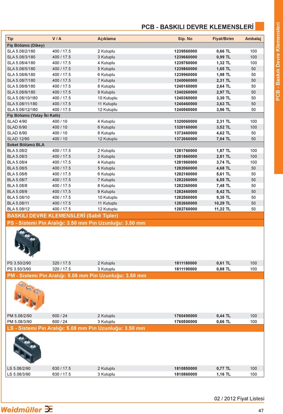 5 8 Kutuplu 1240160000 2,64 TL 50 SLA 5.08/9/180 400 / 17.5 9 Kutuplu 1240260000 2,97 TL 50 SLA 5.08/10/180 400 / 17.5 10 Kutuplu 1240360000 3,30 TL 50 SLA 5.08/11/180 400 / 17.