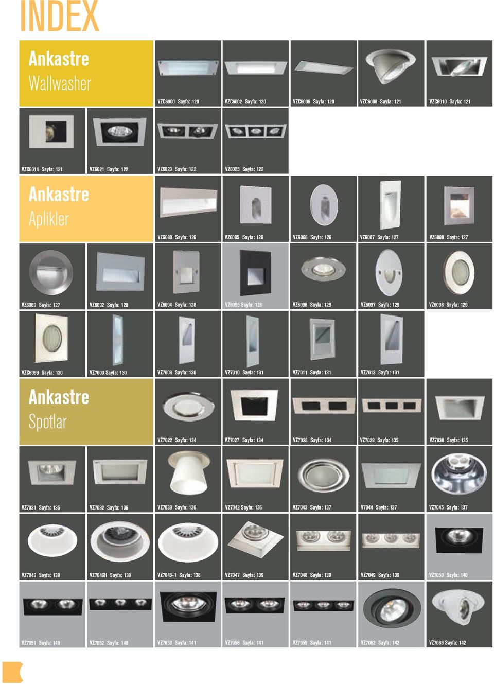 Sayfa: 129 VZ6098 Sayfa: 129 VZC6099 Sayfa: 130 Ankastre Spotlar VZ7000 Sayfa: 130 VZ7008 Sayfa: 130 VZ7022 Sayfa: 134 VZ7010 Sayfa: 131 VZ7011 Sayfa: 131 VZ7013 Sayfa: 131 VZ7027 Sayfa: 134 VZ7028