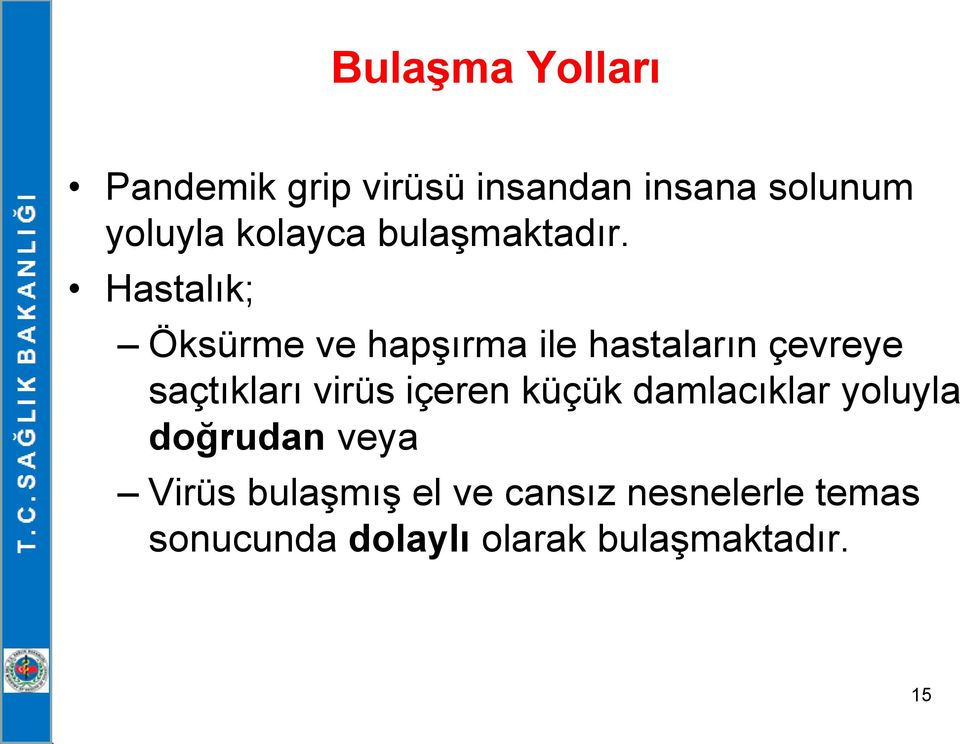 Hastalık; Öksürme ve hapşırma ile hastaların çevreye saçtıkları virüs