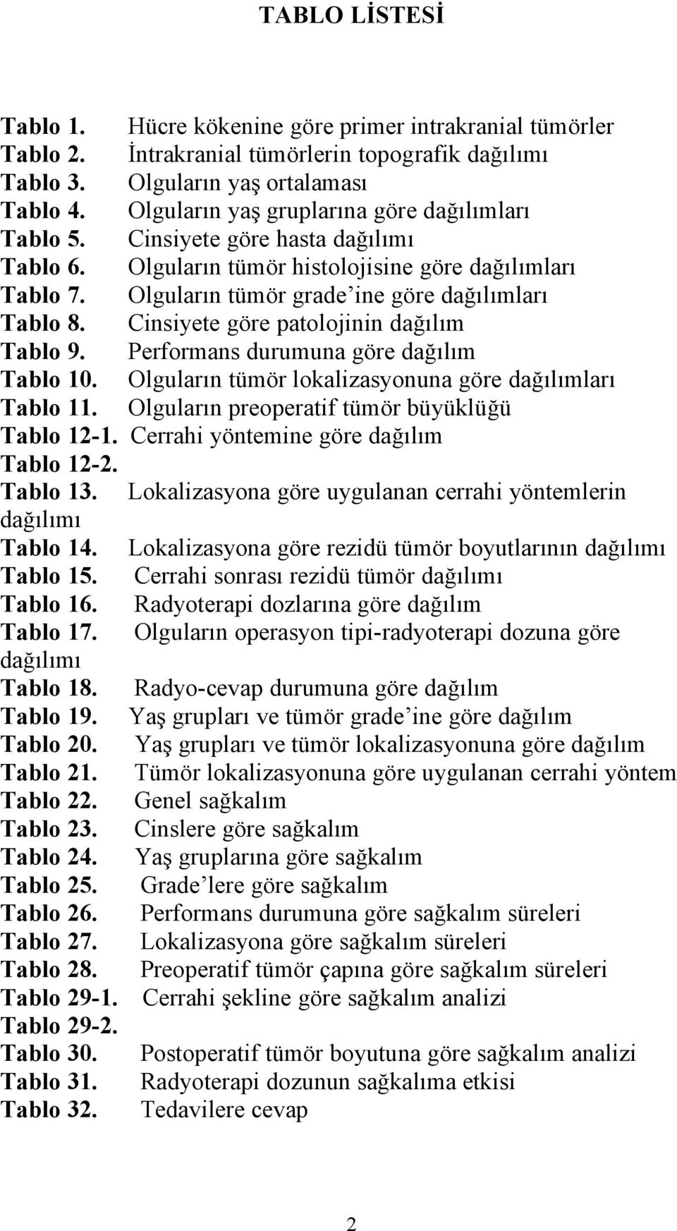 Cinsiyete göre patolojinin dağılım Tablo 9. Performans durumuna göre dağılım Tablo 10. Olguların tümör lokalizasyonuna göre dağılımları Tablo 11. Olguların preoperatif tümör büyüklüğü Tablo 12-1.