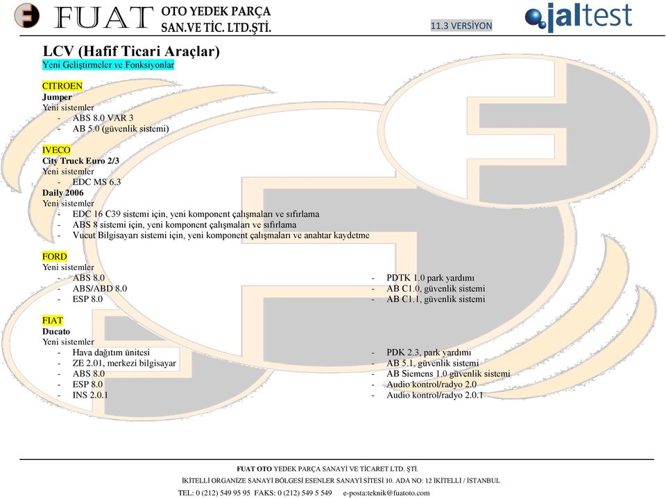 komponent çalıģmaları ve anahtar kaydetme FORD - ABS 8.0 - ABS/ABD 8.0 - ESP 8.0 FIAT Ducato - Hava dağıtım ünitesi - ZE 2.01, merkezi bilgisayar - ABS 8.0 - ESP 8.0 - INS 2.0.1 - PDTK 1.