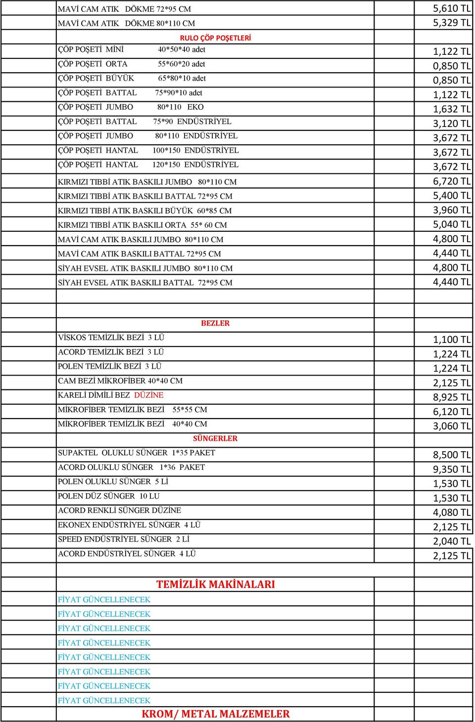 100*150 ENDÜSTRİYEL 3,672 TL ÇÖP POŞETİ HANTAL 120*150 ENDÜSTRİYEL 3,672 TL KIRMIZI TIBBİ ATIK BASKILI JUMBO 80*110 CM 6,720 TL KIRMIZI TIBBİ ATIK BASKILI BATTAL 72*95 CM 5,400 TL KIRMIZI TIBBİ ATIK