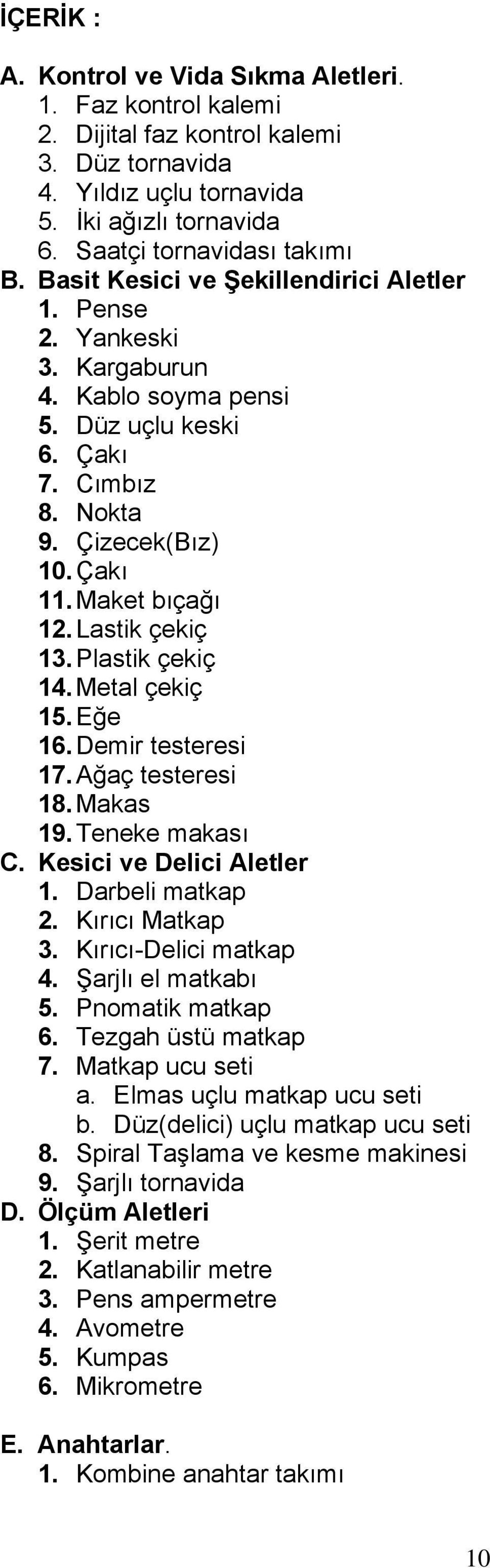 Lastik çekiç 13. Plastik çekiç 14. Metal çekiç 15. Eğe 16. Demir testeresi 17. Ağaç testeresi 18. Makas 19. Teneke makası C. Kesici ve Delici Aletler 1. Darbeli matkap 2. Kırıcı Matkap 3.