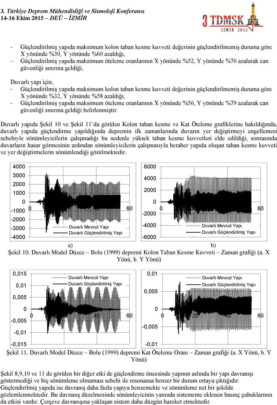 yönünde %58 azaldığı, - Güçlendirilmiş yapıda maksimum öteleme oranlarının X yönünde %56, Y yönünde %79 azalarak can güvenliği sınırına geldiği belirlenmiştir.