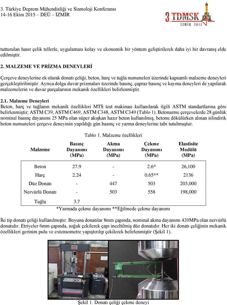 Ayrıca dolgu duvar prizmaları üzerinde basınç, çapraz basınç ve kayma deneyleri de yapılarak malzemelerin ve duvar parçalarının mekanik özellikleri belirlenmiştir. 2.1.