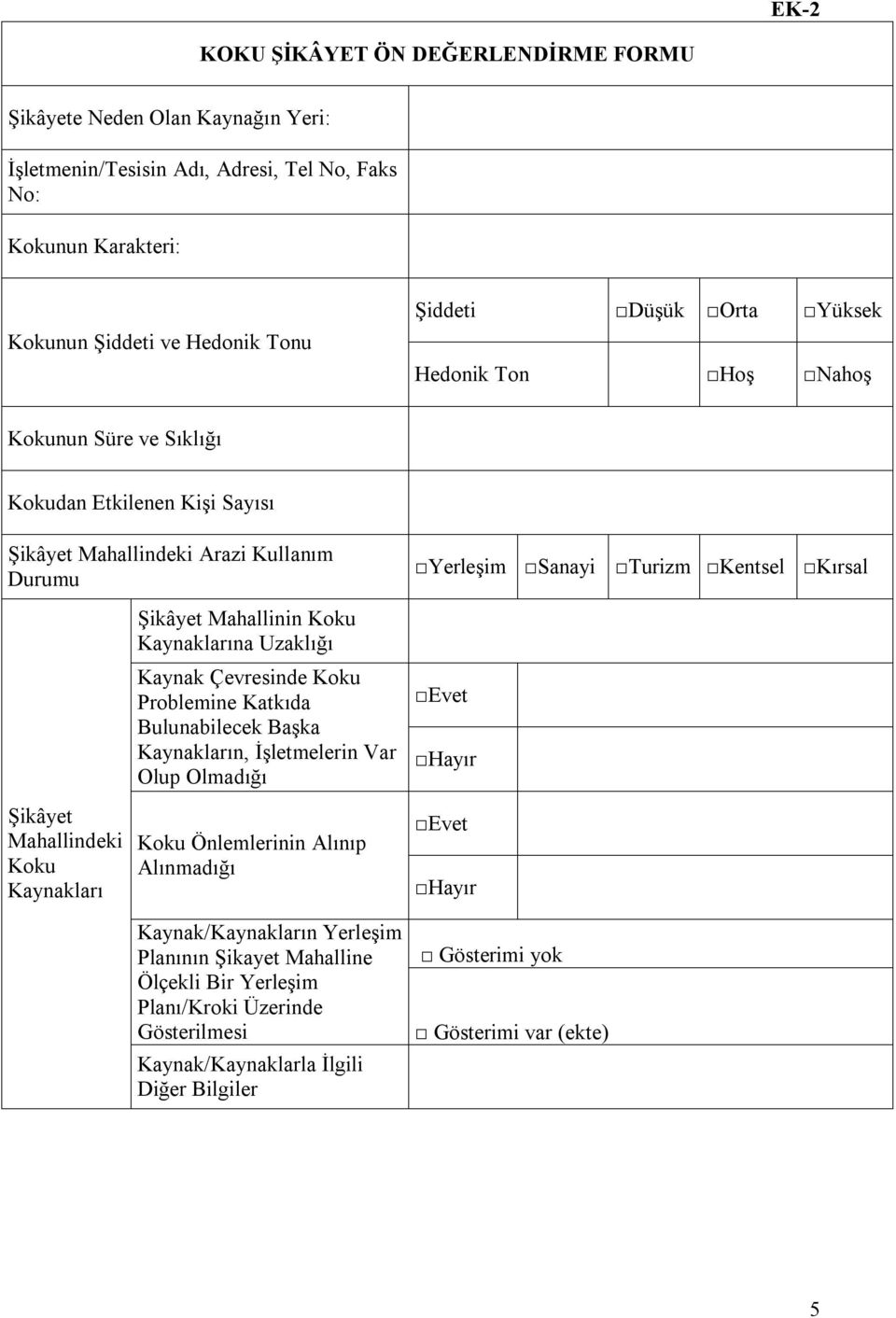 Kaynaklarına Uzaklığı Kaynak Çevresinde Koku Problemine Katkıda Bulunabilecek Başka Kaynakların, İşletmelerin Var Olup Olmadığı Koku Önlemlerinin Alınıp Alınmadığı Kaynak/Kaynakların Yerleşim