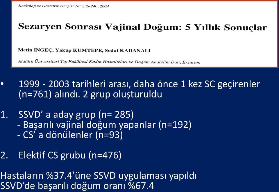 SSVD a aday grup (n= 285) - Başarılı vajinal doğum yapanlar (n=192) - CS