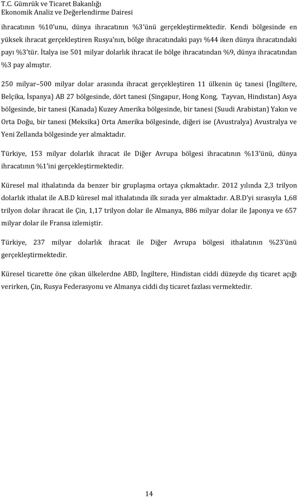 250 milyar 500 milyar dolar arasında ihracat gerçekleştiren 11 ülkenin üç tanesi (İngiltere, Belçika, İspanya) AB 27 bölgesinde, dört tanesi (Singapur, Hong Kong, Tayvan, Hindistan) Asya bölgesinde,