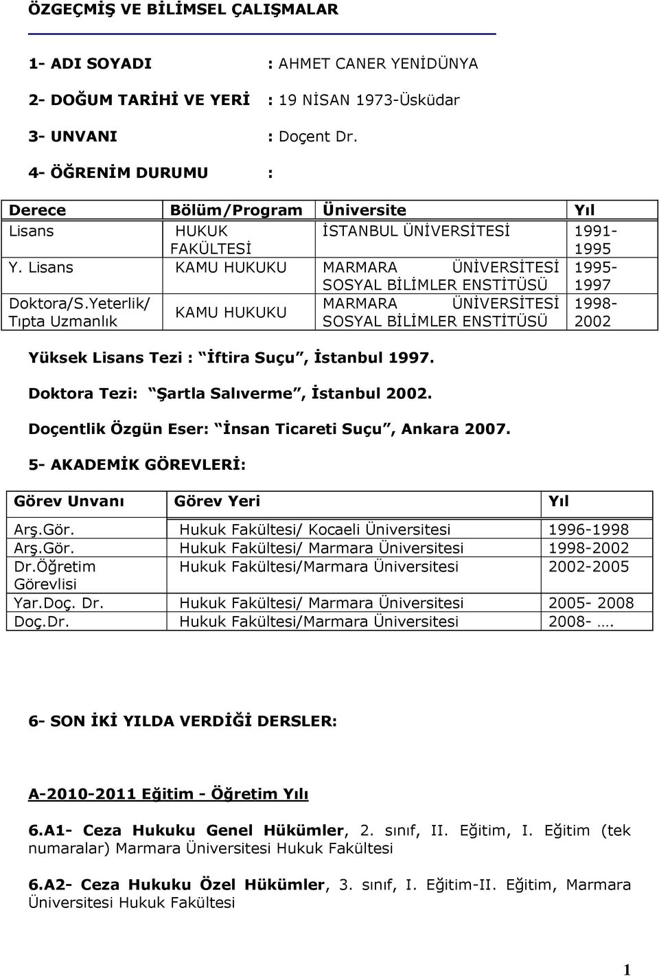 Lisans KAMU HUKUKU MARMARA ÜNİVERSİTESİ 1995- SOSYAL BİLİMLER ENSTİTÜSÜ 1997 Doktora/S.