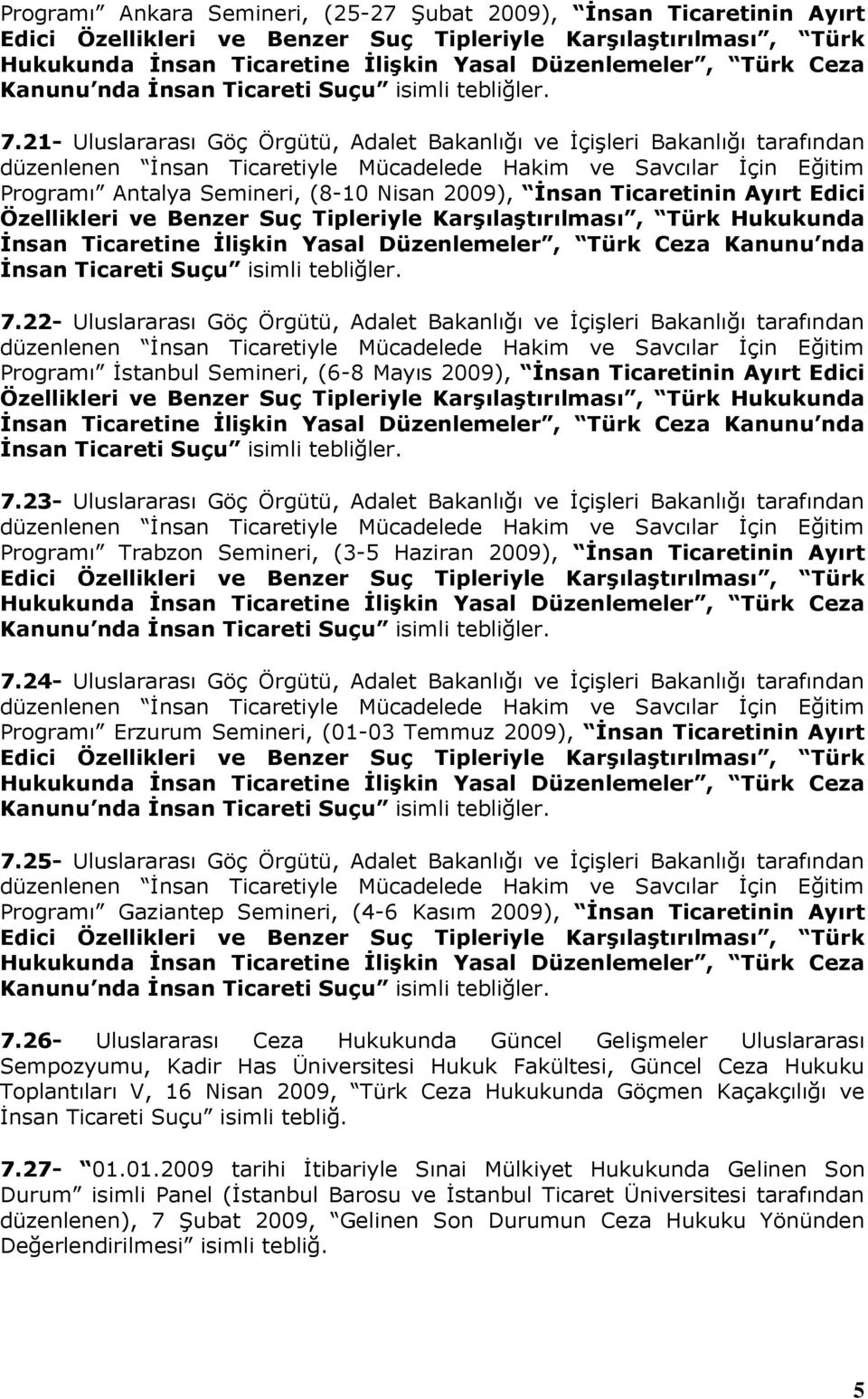 21- Uluslararası Göç Örgütü, Adalet Bakanlığı ve İçişleri Bakanlığı tarafından Programı Antalya Semineri, (8-10 Nisan 2009), İnsan Ticaretinin Ayırt Edici Özellikleri ve Benzer Suç Tipleriyle