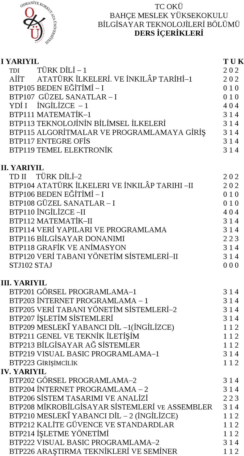 VE PROGRAMLAMAYA GİRİŞ 3 1 4 BTP117 ENTEGRE OFİS 3 1 4 BTP119 TEMEL ELEKTRONİK 3 1 4 II.