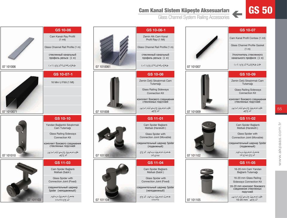 Mt) GS 10-08 Zemin Üstü Sıkıștırmalı Cam Tutamağı GS 10-09 Zemin Üstü Sıkıștırmalı Cam Tutamağı 07 1010071 07 101008 07 101009 GS 10-10 GS 11-01 GS 11-02 55 Yandan Bağlantılı Sıkıștırmalı Cam