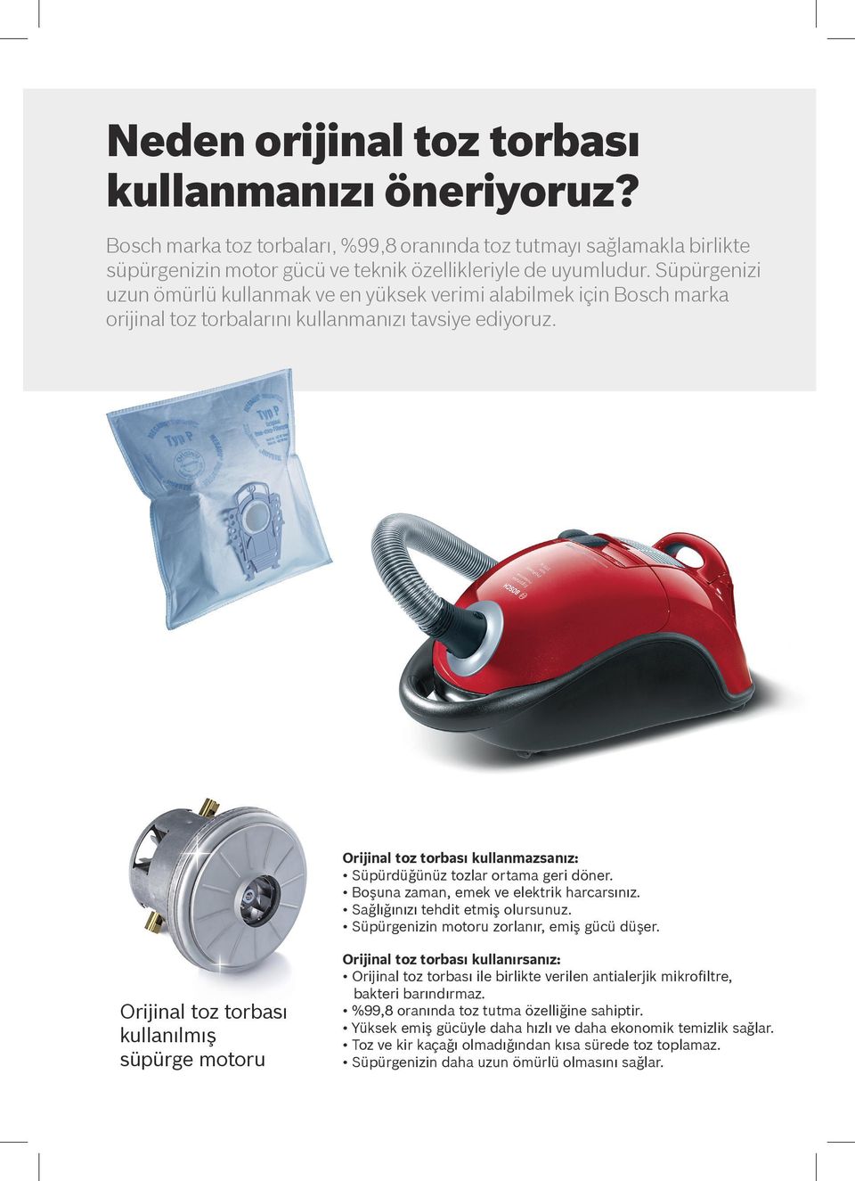 Orijinal toz torbası kullanmazsanız: Süpürdüğünüz tozlar ortama geri döner. Boşuna zaman, emek ve elektrik harcarsınız. Sağlığınızı tehdit etmiş olursunuz.