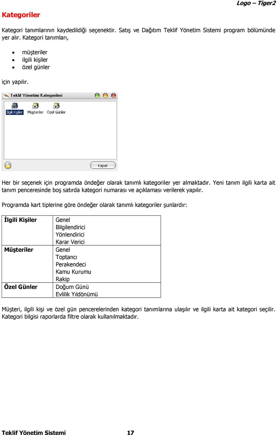 Programda kart tiplerine göre öndeğer olarak tanımlı kategoriler şunlardır: İlgili Kişiler Müşteriler Özel Günler Genel Bilgilendirici Yönlendirici Karar Verici Genel Toptancı Perakendeci Kamu Kurumu